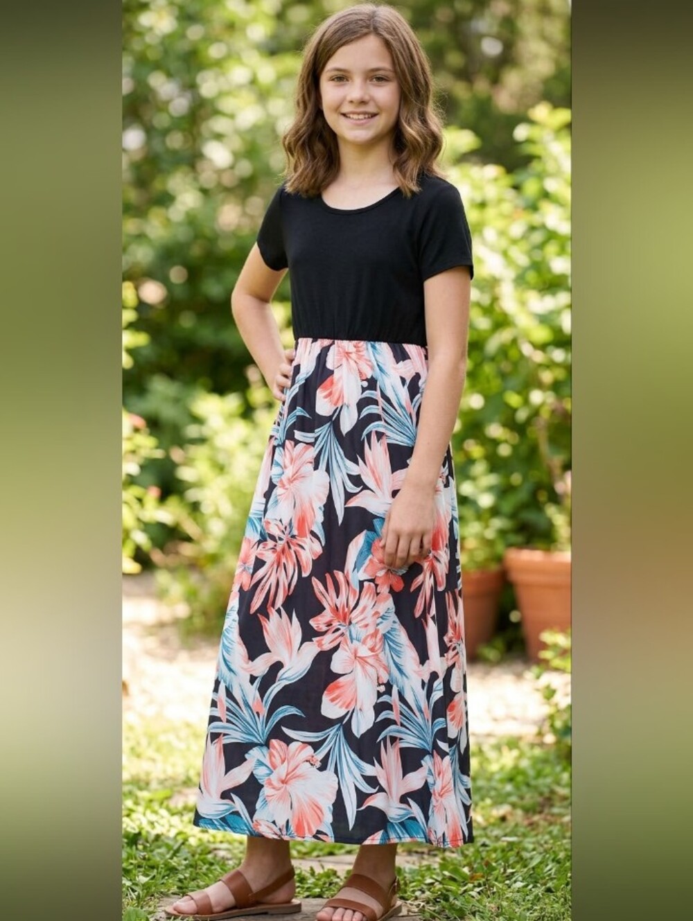 GORLYA Girl’s Maxi Dress 12-13 Black Floral Short Sleeve Pockets Elastic Waist